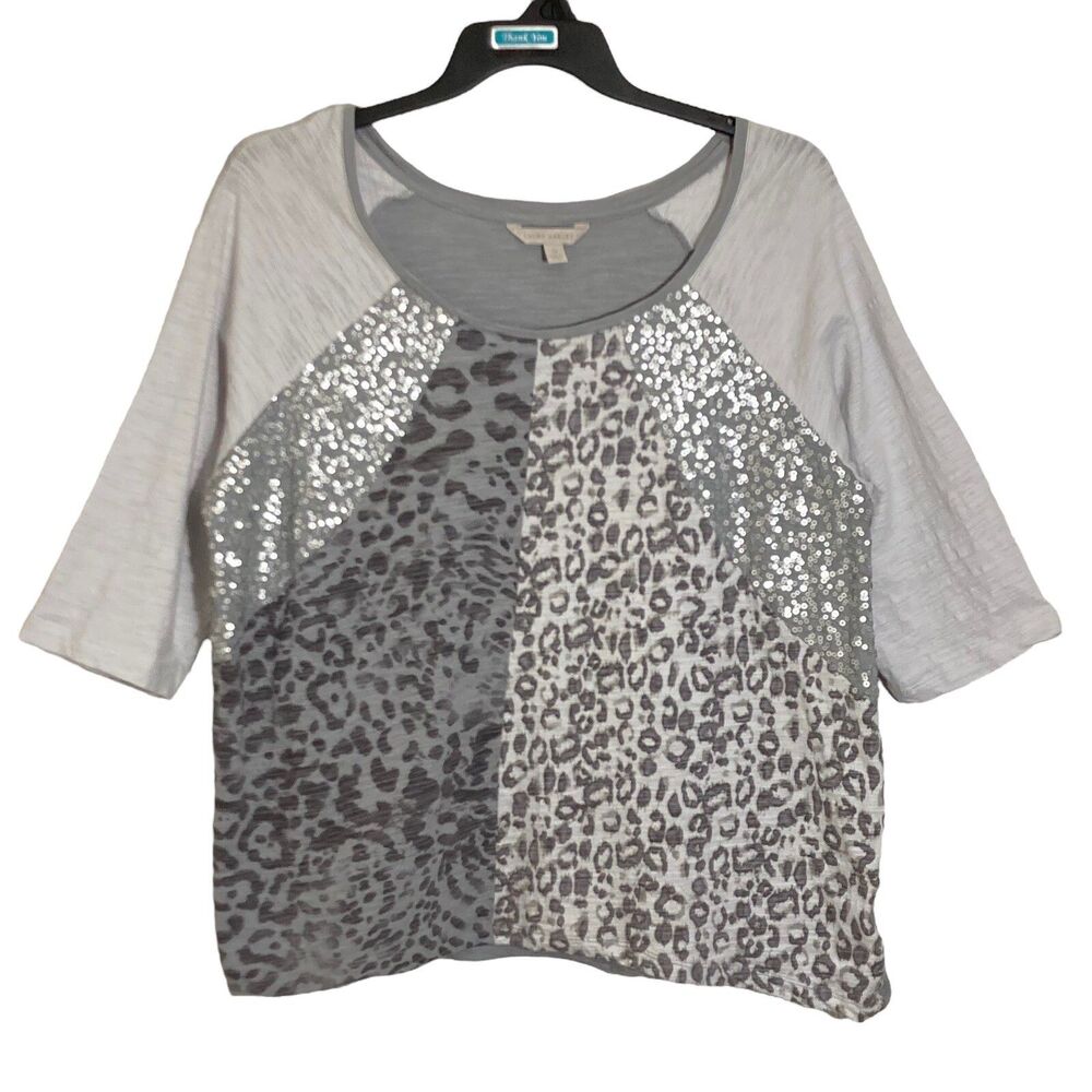 Laura Ashley Top Women's Size 2X Gray Animal Print 3/4 Sleeve Sequin Embellished